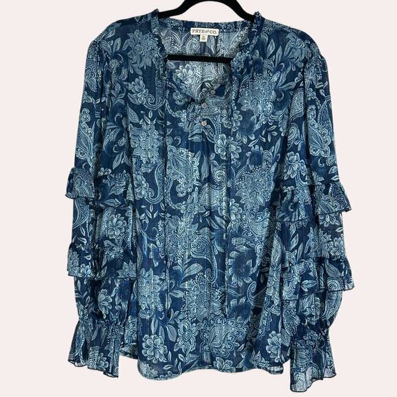 Frye and Co Floral Print Ruffle Sheer Metallic Thread Boho Pheasant Blouse (XL) - Picture 2 of 11